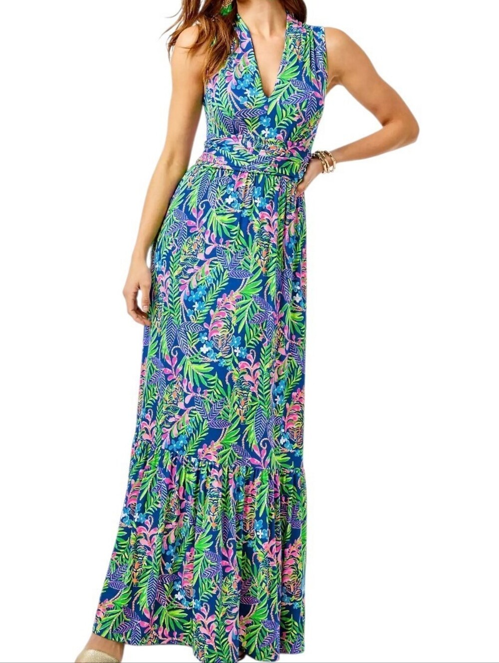 Lilly Pulitzer Pearce Sleeveless V-Neck Maxi Dress in Blue, Green & Pink Size M